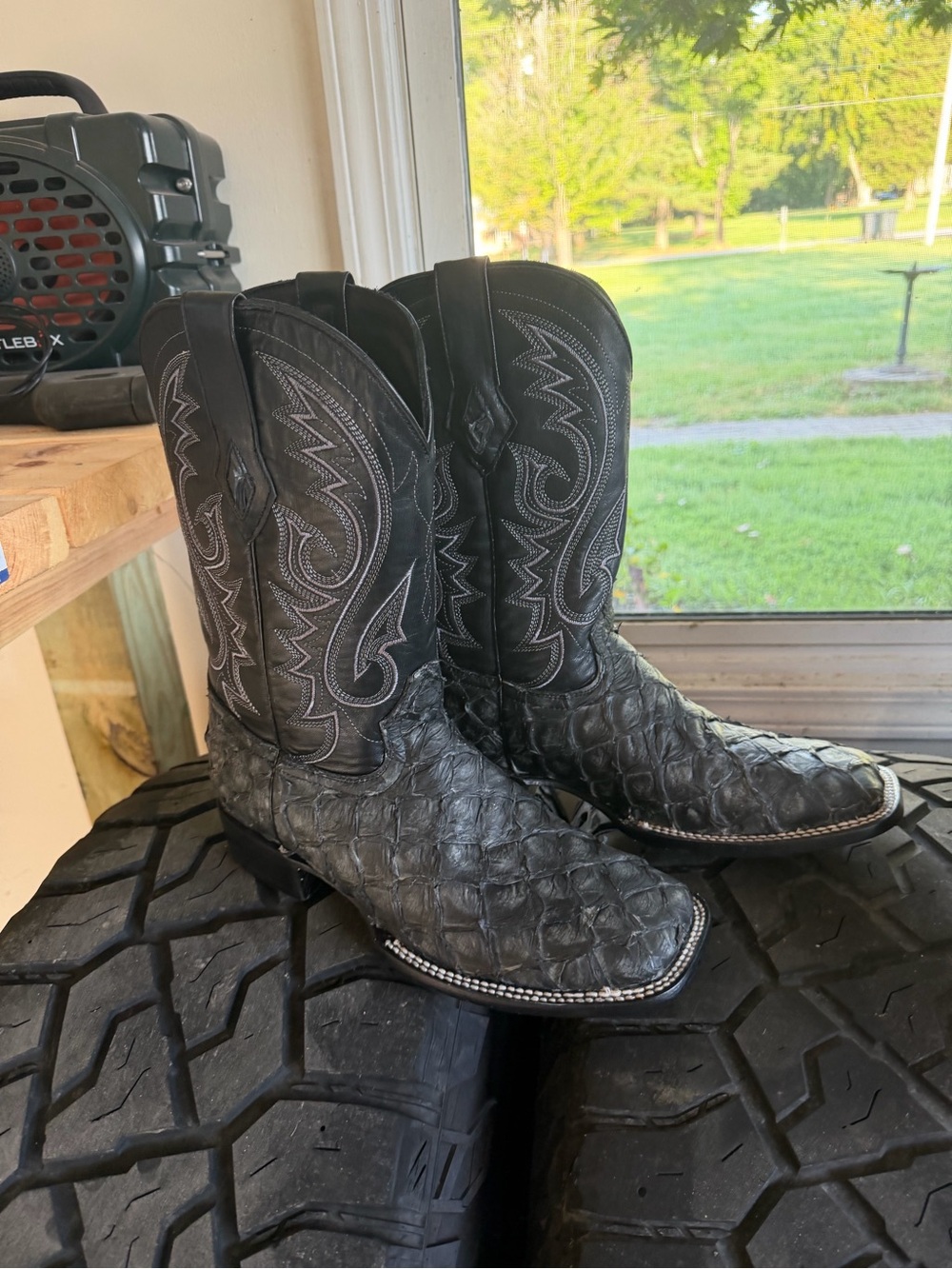 J.B. Dillon Black Textured Exotic Leather Cowboy Boots
